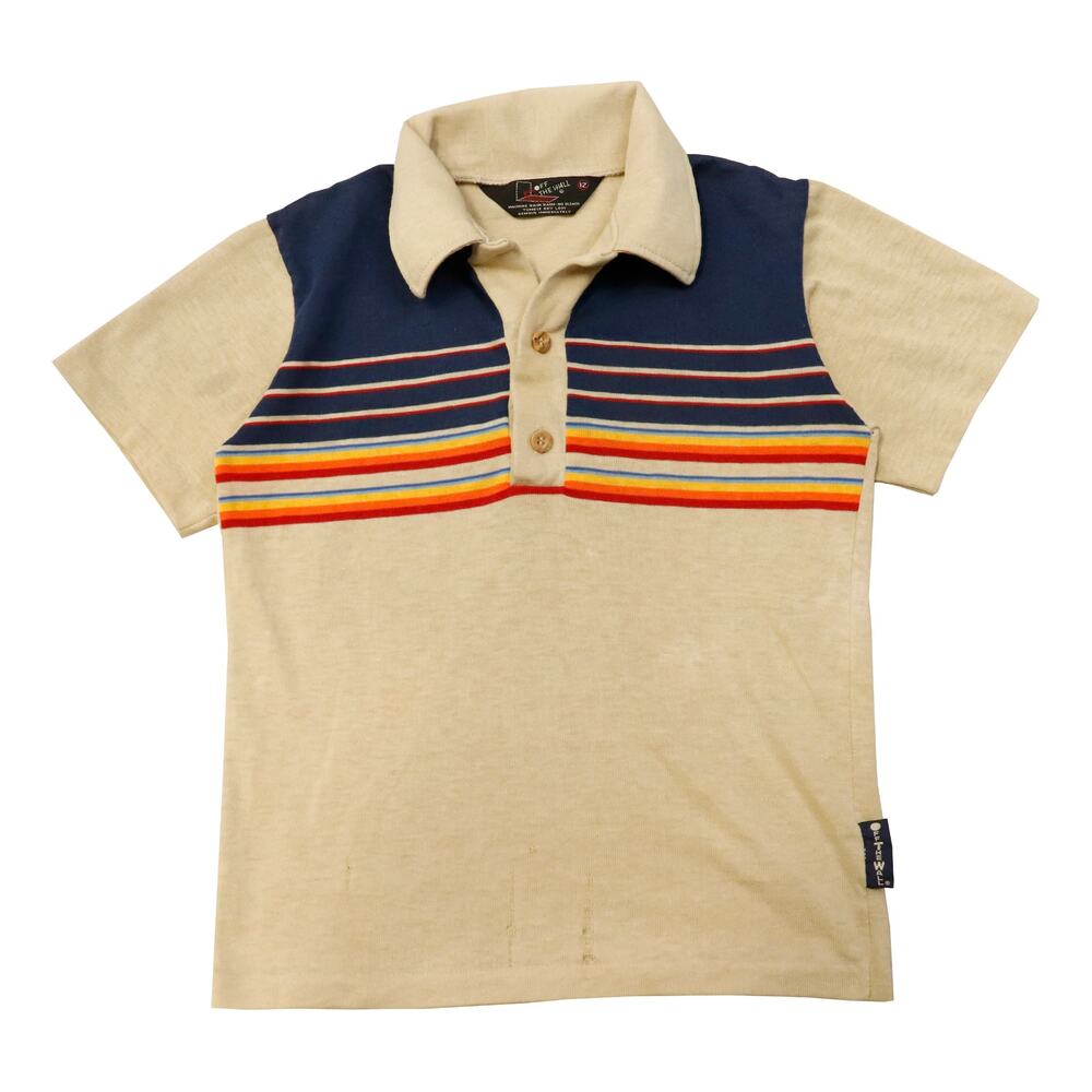 Vintage 70s Off The Wall Blue/Tan Polo Youth Rainbow Shirt Size 12